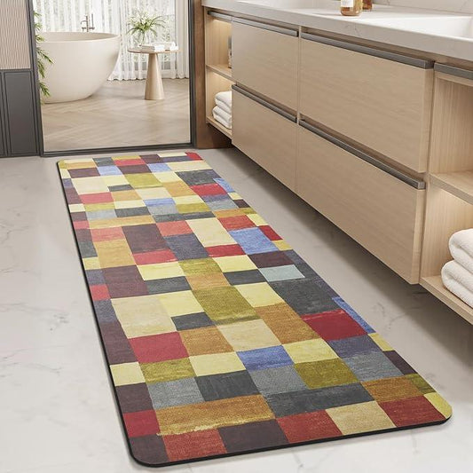 MontVoo -Bath Mat-Non Slip Thin Bathroom Rugs Fit Under Door- Quick Dry Absorbent Faux Suede Surface Grey Bathroom Floor Mats-Shower Rug for in Front of Bathtub Shower Retro Colors Plaid 17x59 - ModernBath