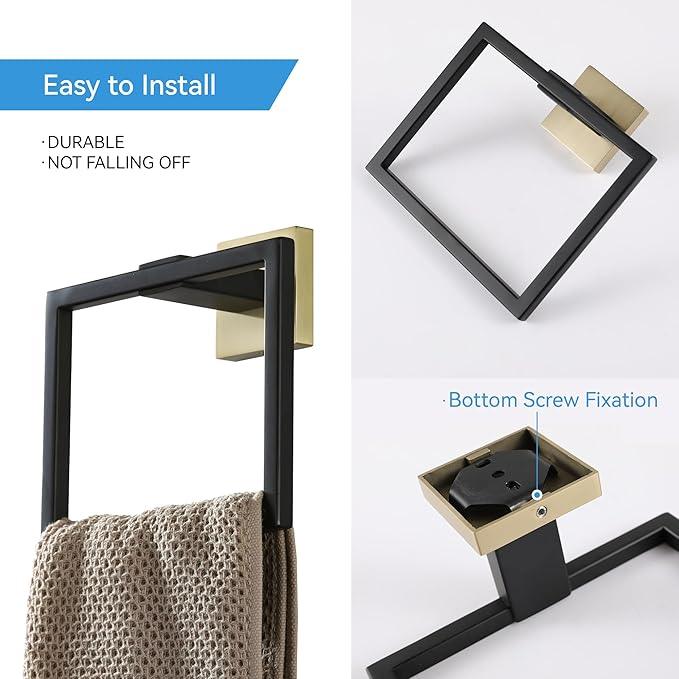 LANC Hand Towel Holder for Bathroom Wall Mount Matte Black and Brushed Gold Square Hand Towel Holder for Bath Lavatory SUS304 Stainless Steel Modern Style Shower Towel Towel Racks Hanger, A8896GK - ModernBath