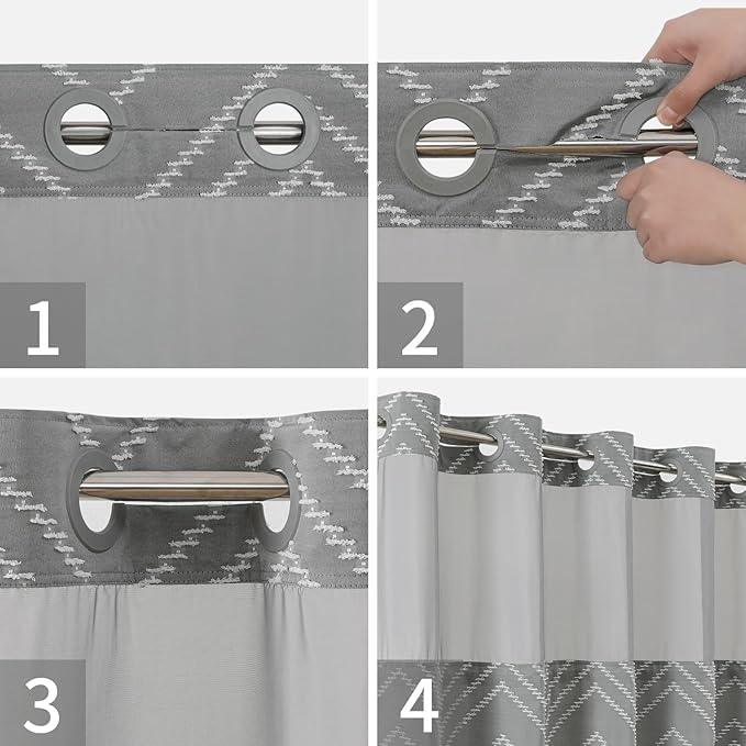 Grey No Hook Shower Curtain with Snap-in Liner Set,Boho Modern Farmhouse White Tufted Chevron Striped Design,Woven Fabric Bathroom Curtain,71x74 - ModernBath