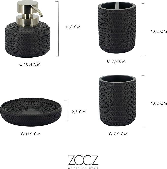 ZCCZ Black Bathroom Accessories Set 4 Pcs - Toothbrush Holder, Soap Dispenser, Vanity Tray, Tumbler - Countertop Organizer for Bathroom - Modern Accessory Set for Home Decor and Storage - ModernBath