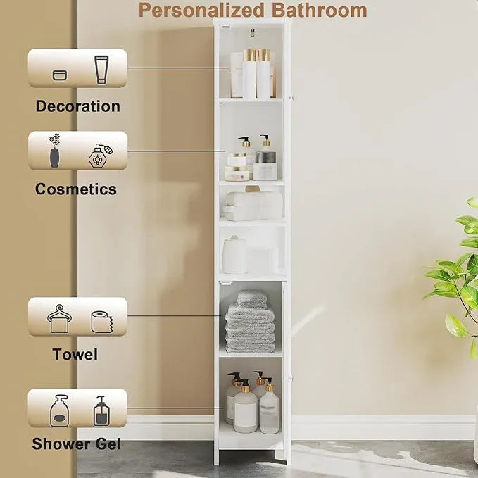 ChooChoo Tall Bathroom Storage Cabinet with Light, 5-Tier Narrow Bathroom Cabinet with 2 Doors, Slim Storage Linen Cabinet Freestanding with Adjustable Shelves for Space Saving, White - ModernBath