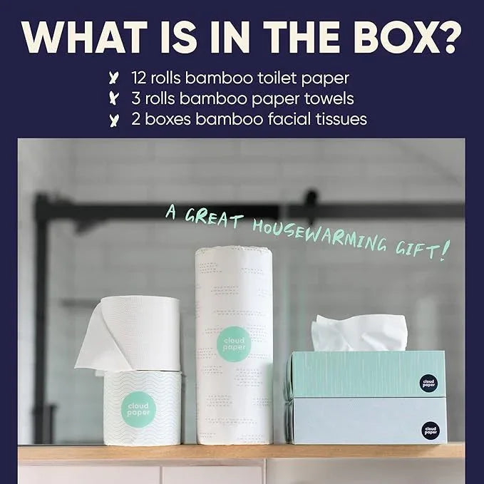 Bamboo Toilet Paper, Paper Towels, and Tissues - Compact Bundle Box for Eco-Friendly Households - 12 rolls bamboo toilet paper, 3 rolls bamboo paper towels, and 2 boxes bamboo facial tissues - ModernBath