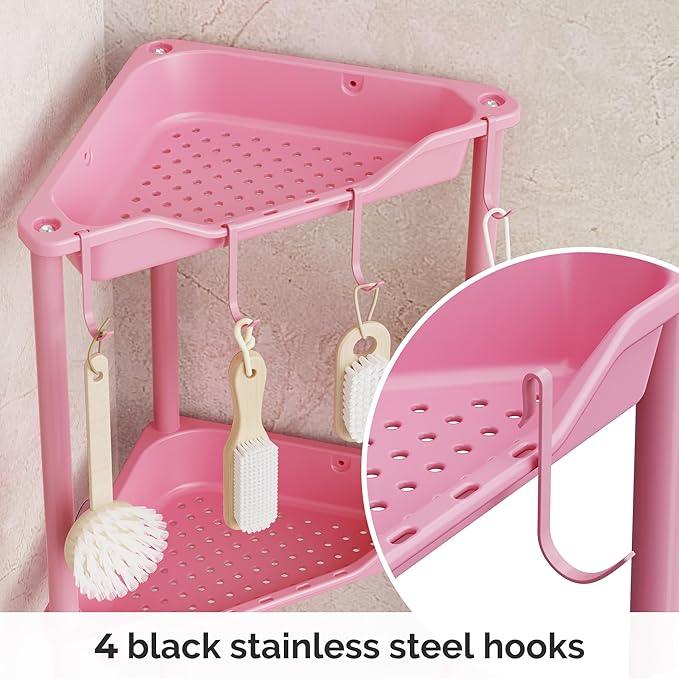 Orimade Rustproof 4 Tier Floor Standing Corner Shower Caddy Organizer, Plastic Metal Splicing Floor Corner Shelf Rack Storage Stands for Bathroom,10.8 x 10.8 x 44.6 inches, Pink - ModernBath