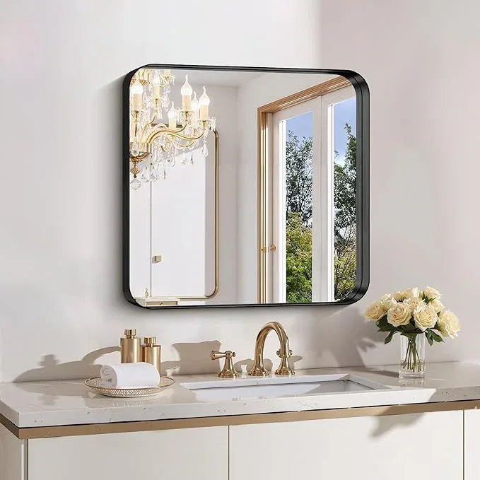 FORBATH 24x24 Inch Bathroom Mirror for Wall, Black Metal Framed Vanity Mirrors for Over Sink,Rounded-Corner Rectangle Mirror for Bedroom Living Room Kitchen Entryway Hallway, Anti-Rust - ModernBath
