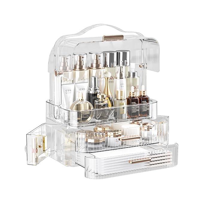 LINFIDITE Cosmetics Storage Box Transparent Lid Large Makeup Organizer Box Drawers Portable Handle Waterproof Dustproof Skincare Display Cases for Countertop, Bathroom, Dresser,Gift Clear Green - ModernBath