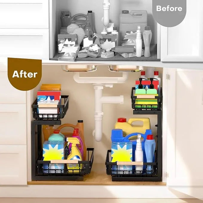 Under Sink Organizer, 2 Tier Pull Out Under-Sink Shelves, Adjustable Height (13.8" -16.9"), Sturdy Metal Storage Organizer for Bathroom Kitchen Pantry Cabinet (2 Packs, Black) - ModernBath