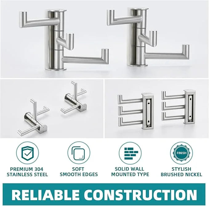 APLusee Swivel Towel Hook 2 Pack Brushed Nickel, 304 Stainless Steel Hook with Three Arms, Wall Mount - ModernBath