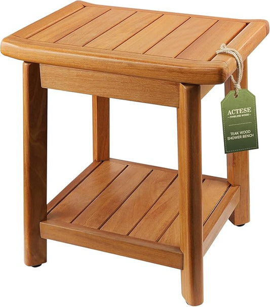 14" Teak Shower Stool with Storage Shelf, Non-Slip Waterproof Wooden Shower Chair, Compact Bathroom Bench and Shower Seat for Tub or Indoor Use, Ideal for Elderly, Recovery and Everyday Use