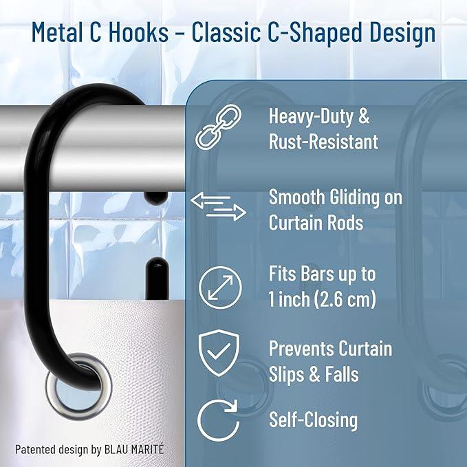 Blau Marité 12 Metal Shower Curtain Hooks, Rust-Proof Decorative C-Shaped Curtain Hooks for Bathroom, Black Shower Curtain Rings, Fits Rods Up to 1 Inch (C, Black) - ModernBath