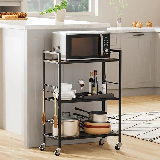 3-Tier Metal Storage Rack with Industrial Wheels,Mesh Shelving Unit with Wooden Table top,Adjustable Shelf,23.6-Inch Width,for Kitchen,Laundry,Pantry,Plant,Black - ModernBath