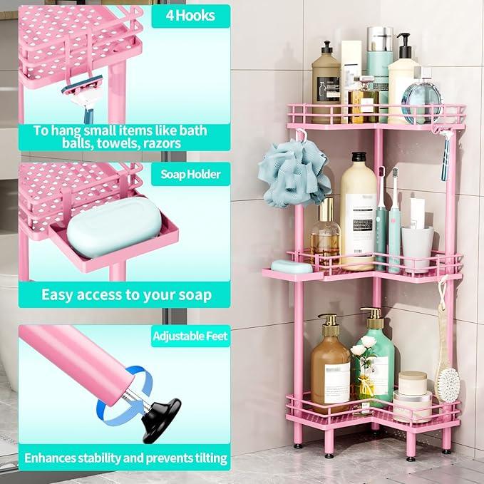 HapiRm Corner Shower Caddy Standing - 3 Tier Shower Organizer Corner with Soap Holder, Rustproof Bathroom Standing Organizer with 4 Hooks, Pink - ModernBath