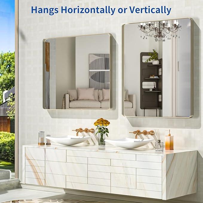 WEER 36X30 Inch Brushed Nickel Bathroom Mirror, Brushed Silver Metal Frame Mirror, Rounded Rectangle Silver Bathroom Vanity Mirror, Tempered Glass, Anti-Rust, Hangs Horizontally or Vertically - ModernBath