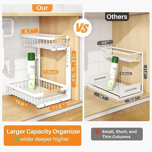 PXRACK 1 Pack Under Sink Organizer,Adjustable Height,2 Tier Pull Out Under Cabinet Organizer,Slide Out Thickened Metal Under Sink Storage for Kitchen Bathroom Laundry Cabinet Pantry,White(L) - ModernBath