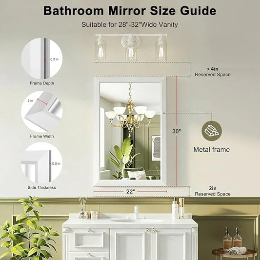 Bathroom Mirror for Over Sink,22x30Inch White Thick Anti-Rust Metal Frame, Rectangle Decorative Wall Mirror with HD Tempered Glass, Horizontal or Vertical Mount for Vanity, Bathroom,Living Room - ModernBath
