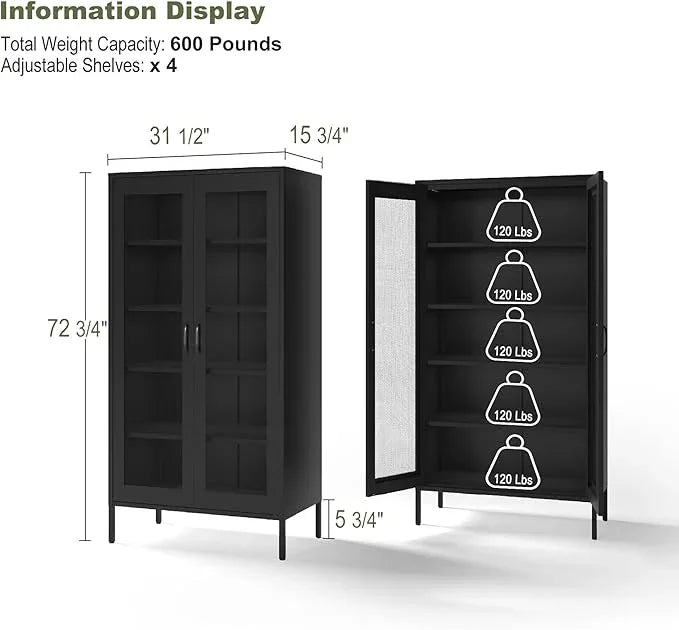 COFaR Modern Mesh Storage Cabinet, Free Standing Tall Pantry, Cupboard Metal Display Cabinet for Living Room, Kitchen, Dining Room - ModernBath