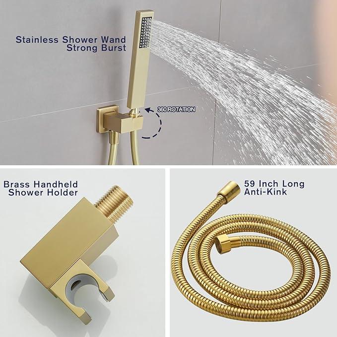 annazom Rain Shower System 12 Inch Ultra Large Shower Head High Pressure Brushed Gold Surface Dual Function Shower Vavle Trim Kit - ModernBath