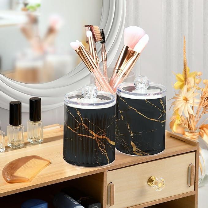 BOENLE 2 Pack Qtip Holder Organizer Dispenser Gold Black Marble Texture Bathroom Storage Canister Cotton Ball Holder Container for Cotton Pads/Swabs/Floss - ModernBath