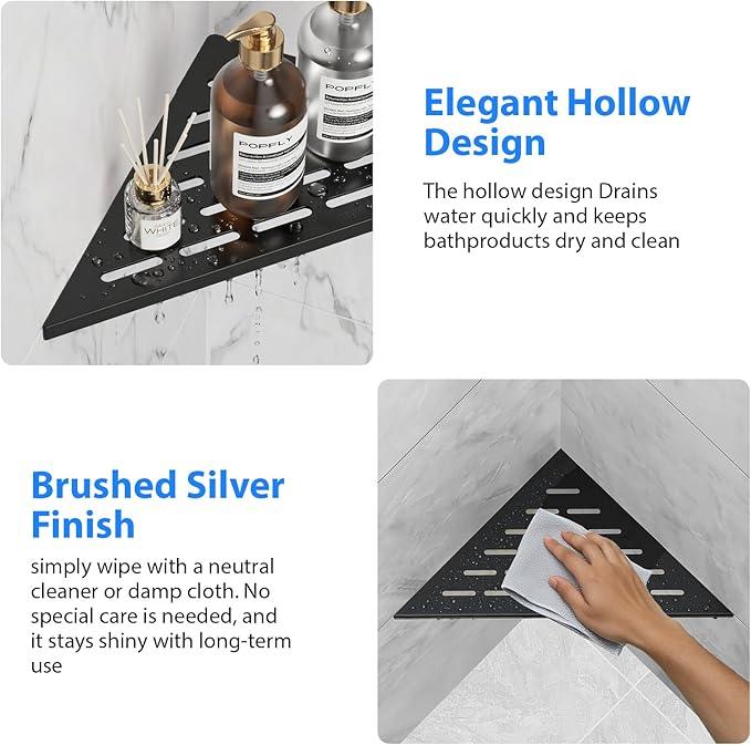 POPFLY 10 Inch Corner Shower Shelf 2 Pack, 304 Stainless Steel Matte Black, No Drilling Recessed Bathroom Shelves for Tiled Wall, Heavy Duty Floating Shower Organizer with Slot Design, PF7501B - ModernBath