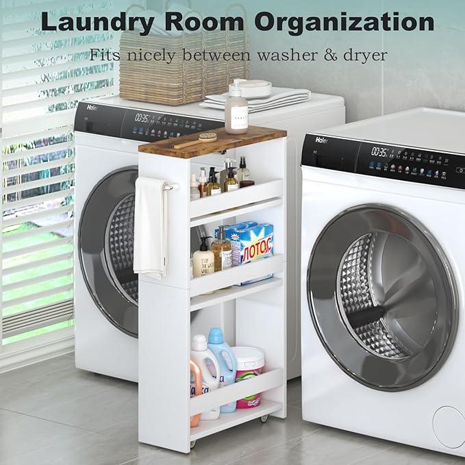 MARTY Rolling Storage Cart 4-Tier White Kitchen Cart with Wheels,Slim Storage Cart with Handle Slide Out Utility Cart Shelving Unit Organizer Trolley for Laundry Narrow Places Bathroom Small Corner - ModernBath