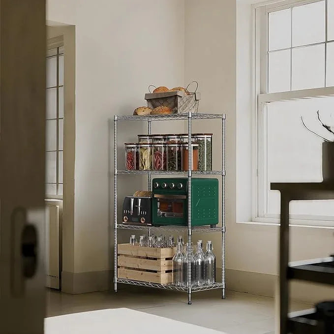 1000 lbs 4Tier Shelf Metal Storage Shelves Wire Rack Closet Organizers with Wheel for Garage Kitchen Bathroom Laundry Chrome 13.7" D x 23.6" W x 53.4" H - ModernBath
