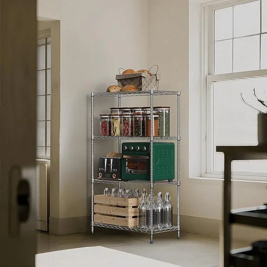 1000 lbs 4Tier Shelf Metal Storage Shelves Wire Rack Closet Organizers with Wheel for Garage Kitchen Bathroom Laundry Chrome 13.7" D x 23.6" W x 53.4" H - ModernBath
