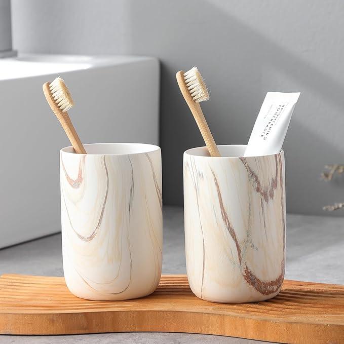 Brown Marble Toothbrush Holder - Ceramic Toothbrush Holder for Bathrooms, Toothbrush Toothpaste Holders, Marble Bathroom Tumbler Cups Reusable Toothbrush Mouthwash Cup, Bathroom Counter Organizer - ModernBath