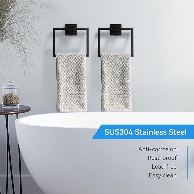 LANC Hand Towel Holder for Bathroom Wall Mount Matte Black Square Hand Towel Rings for Bathroom Hardware Accessories Kitchen Toilet SUS 304 Stainless Steel Shower Towel Hanger Racks, A8896MB - ModernBath