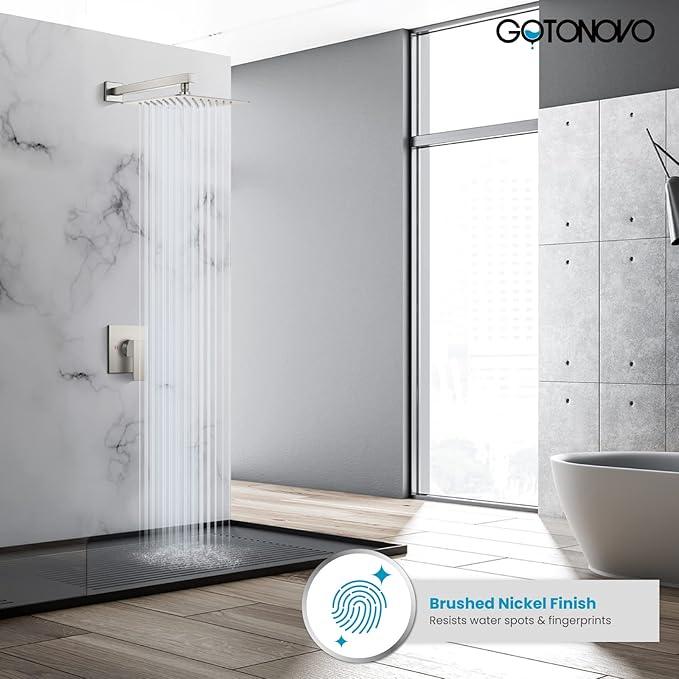 gotonovo Rainfall Shower Faucet Set System Shower Trim Kit with 10 Inch Rain Shower Head Bathroom Mixer Shower Complete Combo Single Handle Wall Mounted Female Thread Rough-in Valve Brushed Nickel - ModernBath