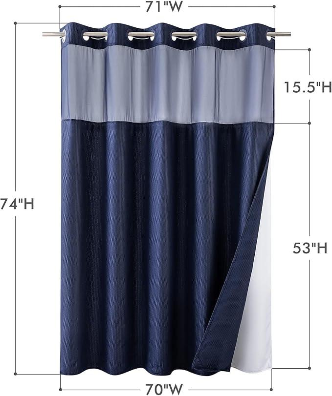 Mrs Awesome No Hook Shower Curtain with Snap-in Liner, Embossed Waffle Design Fabric Shower Curtain for Bathroom, Soft & Lightweight, 71x74, Navy Blue - ModernBath