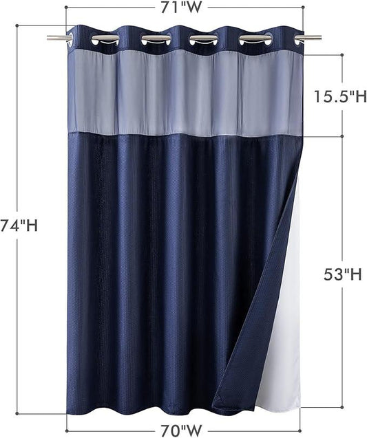 Mrs Awesome No Hook Shower Curtain with Snap-in Liner, Embossed Waffle Design Fabric Shower Curtain for Bathroom, Soft & Lightweight, 71x74, Navy Blue - ModernBath