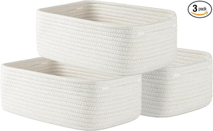 KALLAX Small Woven Basket, 12 x 8 x 4.5 Inches, Storage Basket for Organizing, Cute Small Rope Shelf Closet Cube Storage Bins Baskets for Shelves, Dog Toy Gift Baskets Empty, 3 Packs, Off White - ModernBath