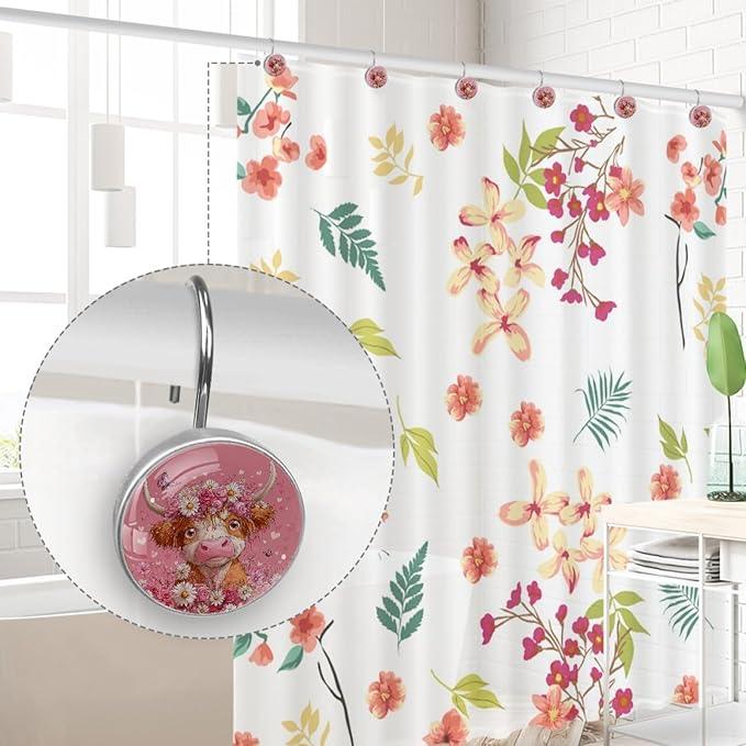 Pink Florals and Highland Cow Rust Proof Shower Curtain Hooks 12Pcs for Bathroom Shower Rod, Decorative Shower Hooks Shower Curtain Hanger Rings Roller, Glass, Resin, Stainless Steel - ModernBath