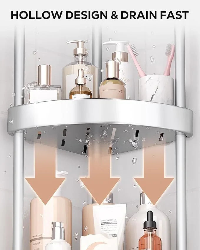 Nieifi Corner Shower Caddy Stand-3 Tier Rustproof Anodized Aluminum Standing Shower Organizer-Shower Caddy Corner-Dual Stability to Anti-Shaking-Height-Adjustable Legs for Uneven Surfaces-Silver - ModernBath