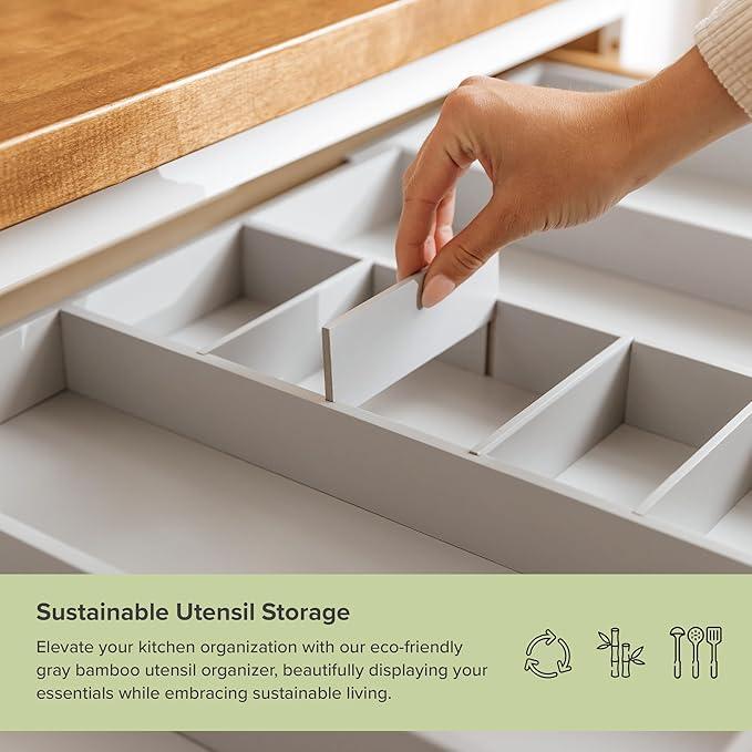 KitchenEdge Adjustable Kitchen Drawer Organizer for Utensils and Junk, Food-Safe Contract Grade with 100% Sustainable Wood, Expandable from 19 to 33 Inches Wide - Gray Bamboo - ModernBath