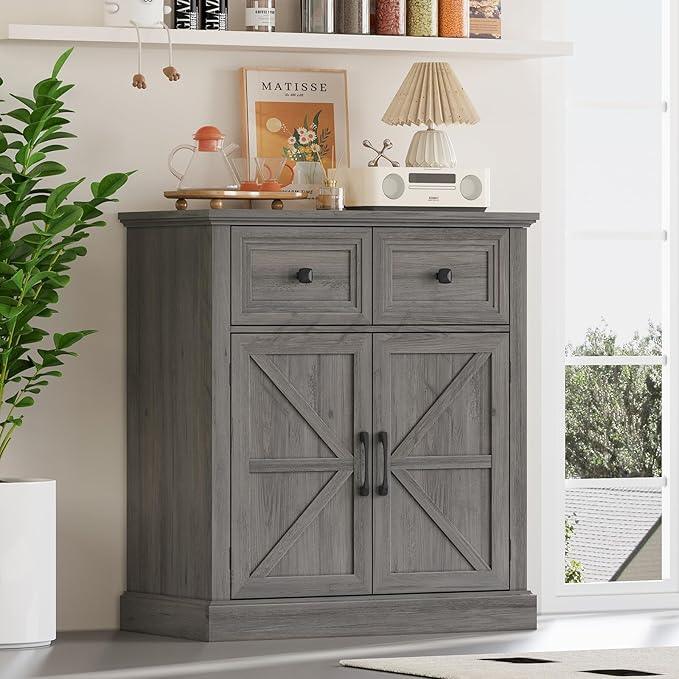 Vabches Farmhouse Buffet Sideboard with Drawers, Wood Pantry Cabinet with Storage, Rustic Storage Cabinet with Adjutable Shelf and Barn Door for Kitchen, Dining Room, Living Room, Black - ModernBath