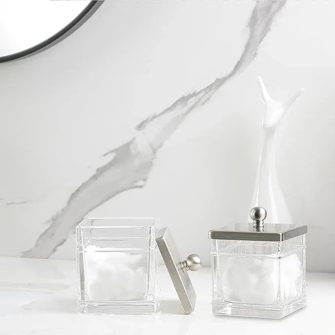 Indecor Home Glass Cotton Jar Holder 2 Pack– Satin Nickel Lid, Elegant Bathroom Storage Canister for Qtips, Cotton Balls, Floss, Makeup Organizer, Vanity & Bathroom Organization - ModernBath
