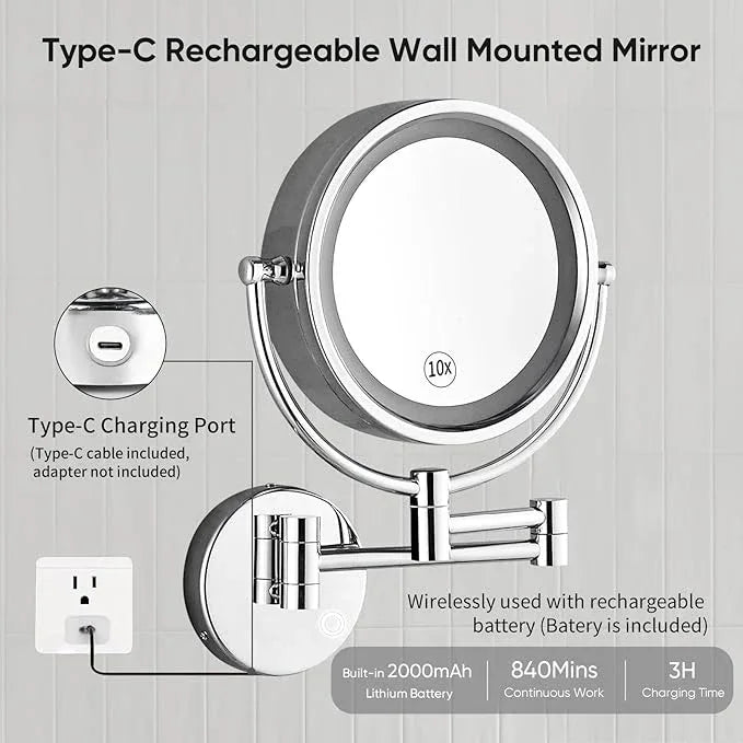 GURUN 8.5 Inch Magnifying Makeup Mirror with 3 Tones Dimmable LED Lights Double Sided Touch Control Rechargeable Vanity Mirror for Bathroom with 10X Magnification M1809DC-T (Chrome/10X) - ModernBath