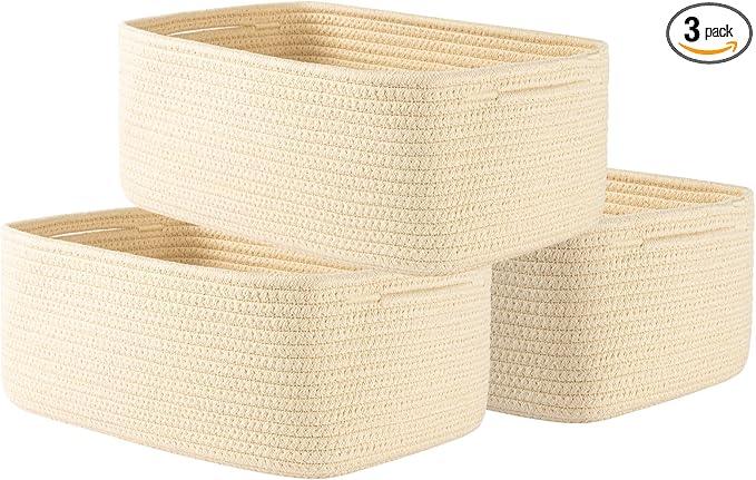 Small Woven Basket, 13.5 x 9.5 x 5 Inches, Storage Basket for Organizing, Cute Small Rope Shelf Closet Cube Storage Bins Baskets for Shelves, Dog Toy Gift Baskets Empty, 3 Packs, Beige - ModernBath