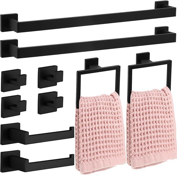 Gisafai 10 Pcs Black Bathroom Hardware Accessories Set 23.6 Inch Bath Towel Bar Kit Stainless Steel Bathroom Hardware Set Towel Racks Ring Robe Hooks Paper Holder for Wall Mounted - ModernBath