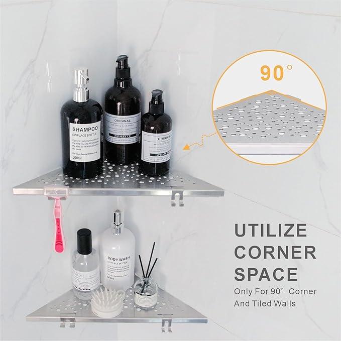 Shower Corner Shelf with 4 Hooks,No-Drill 10" Brushed Nickel 304 Stainless Steel Recessed Shelves for Bathroom Tile Walls,2-Pack - ModernBath