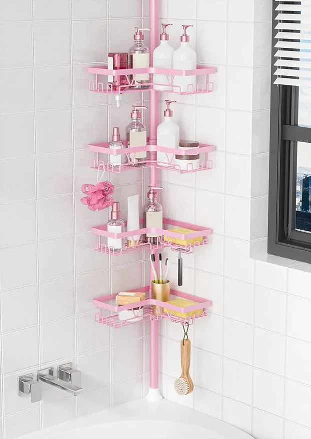 KEGII Shower Caddy Tension Pole, 4-Tier Rustproof Adjustable Corner Bathroom Organizer for Renters, 25–114.2 Inch No Drill Space-Saving Shower Storage Rack, Pink - ModernBath