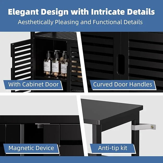 HITNET Black Bathroom Storage Cabinet, Freestanding Bamboo Floor Cabinet 4 Tier Tall Kitchen Cupboard with Door and Shelves - ModernBath