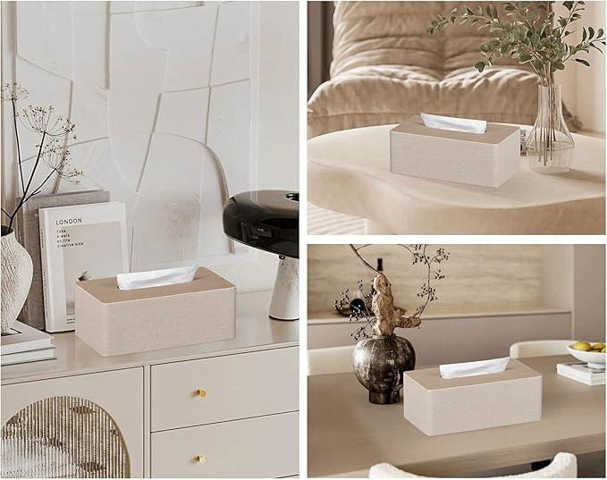 GOLRANLYE Tissue Box Cover Rectangular 9.8"(L) x 5.3"(W) x 4.3"(H) Refined Modern PU Leather Facial Tissue Dispenser Box Holder for Dresser Bathroom Decorative (Beige) - ModernBath