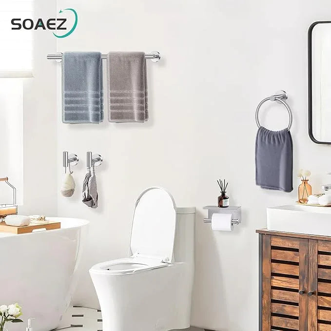 Brushed Nickel Bathroom Hardware Set, 5 Pieces Towel Bar Bathroom Accessories, Upgraded Toilet Paper Holder with Shelf Set, 23.6 Inch Towel Rack Towel Holder for Bathroom Wall - ModernBath