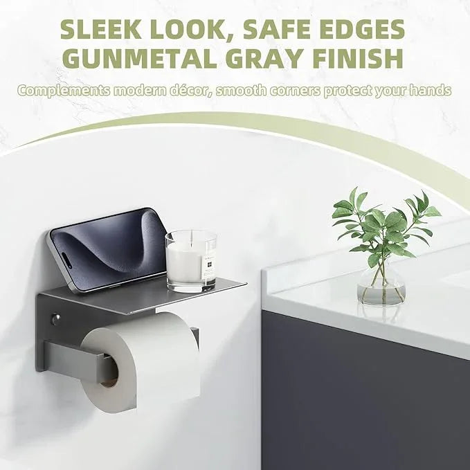 APLusee Toilet Paper Holder with Phone Shelf Gunmetal Gray, 304 Stainless Steel Rustproof Wall Mounted Heavy-Duty, Space-Saving for Modern Bathrooms - ModernBath