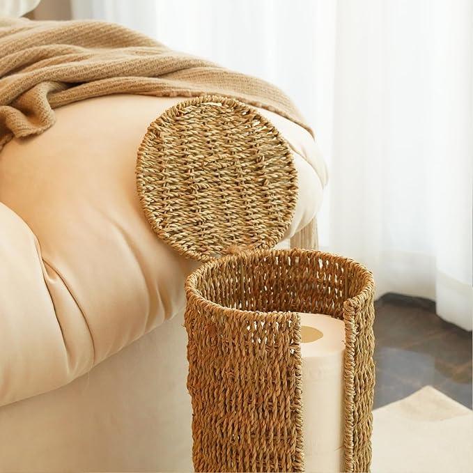 PINXIURY Seagrass Toilet Paper Holder with Storage, 3 Rolls of Wicker Toilet Paper Holder for Bathroom and Under Sink, Handmade Woven Toilet Paper Rolls Holder Stand - ModernBath