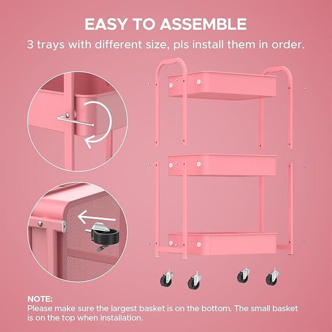 MAX Houser 3-Tier Rolling Utility Cart with Caster Wheels,Easy Assembly, for Kitchen, Bathroom (Pink) - ModernBath