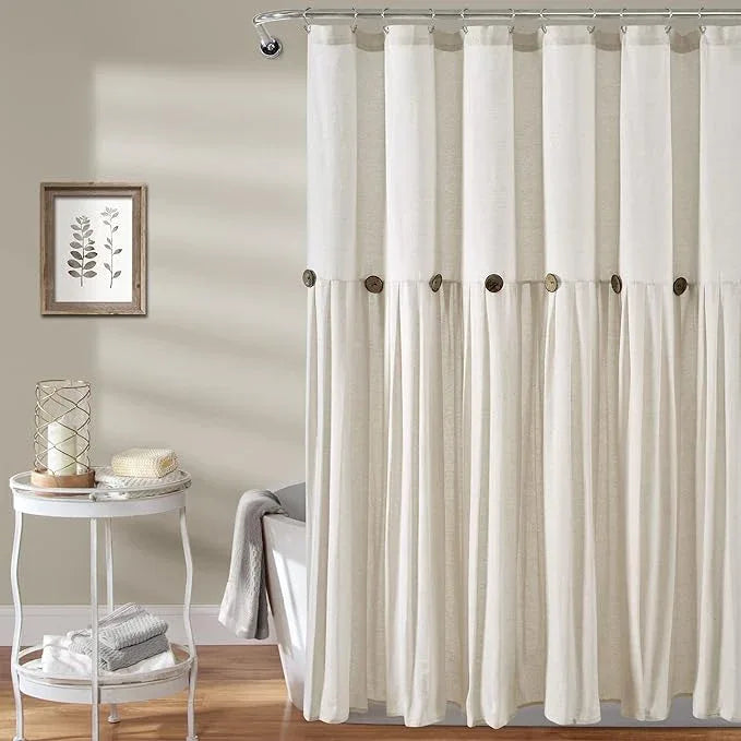 Lush Decor Linen Button Shower Curtain, 72" W x 84" L, Off White - Extra Long Shower Curtains - White Shower Curtain Fabric - Farmhouse Bathroom Decor - ModernBath