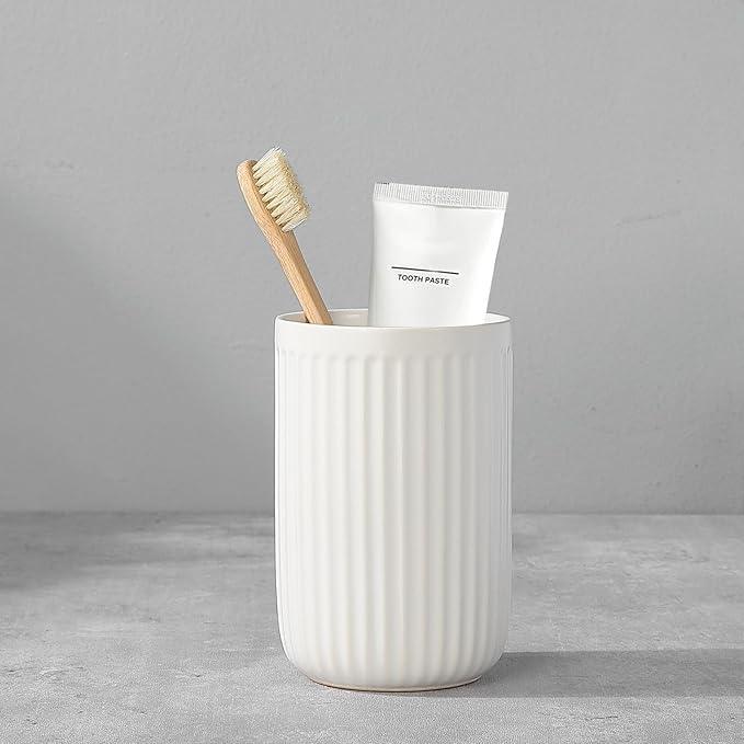 BSDISP White Toothbrush Holders for Bathrooms - 1 Cups Ceramic Toothbrush Toothpaste Holders, White Bathroom Tumbler Cups Reusable Toothbrush Mouthwash Cup, Bathroom Counter Organizer. - ModernBath