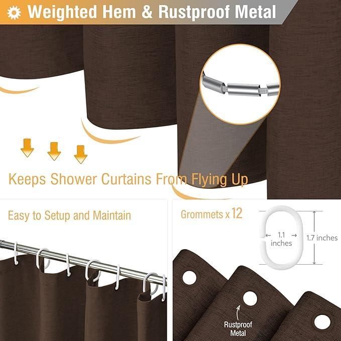 BTTN Fabric Shower Curtain, Linen Textured Heavy Duty Polyester Cloth Shower Curtain Set with Plastic Hooks, Brown, 72x84 - ModernBath
